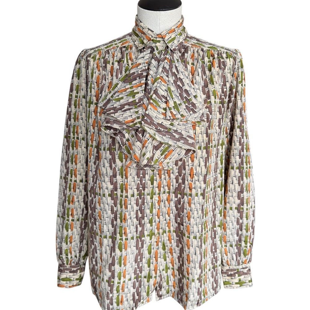 Vintage 70s Secretary Blouse Tie Neck Bow Earth Tone Abstract Print USA